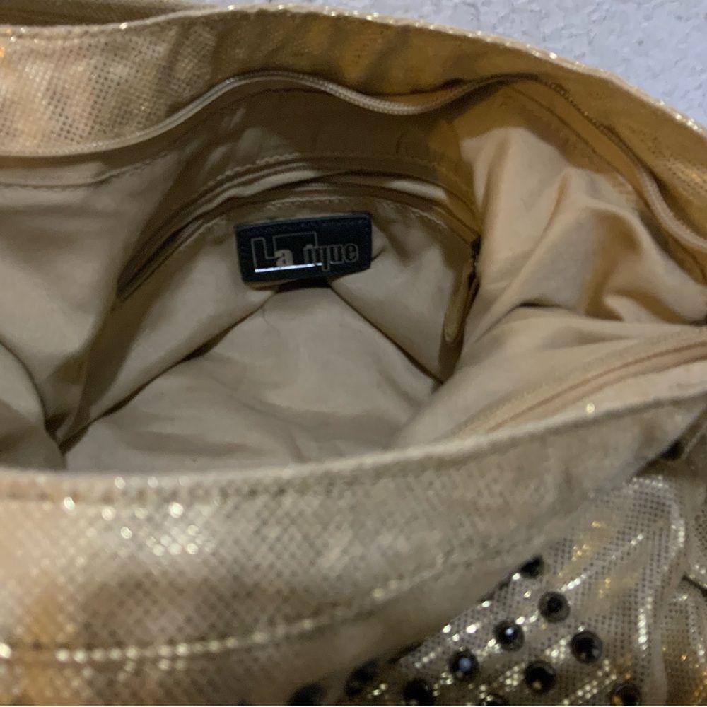 New LATIQUE purse pretty gold metallic studded shoulder bag canvas HOBO - Picture 9 of 10